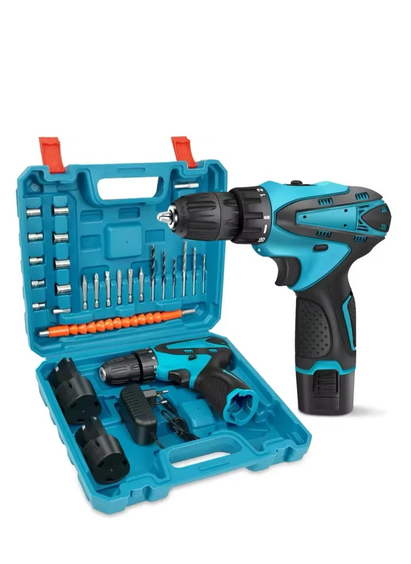 BLUE CORAL Cordless Drill Driver Set with 2 Battery and Box Lithium Screwdriver Repairing Tool Kit Brushless Motor Electric Screw Driver (Blue)  - Image 1