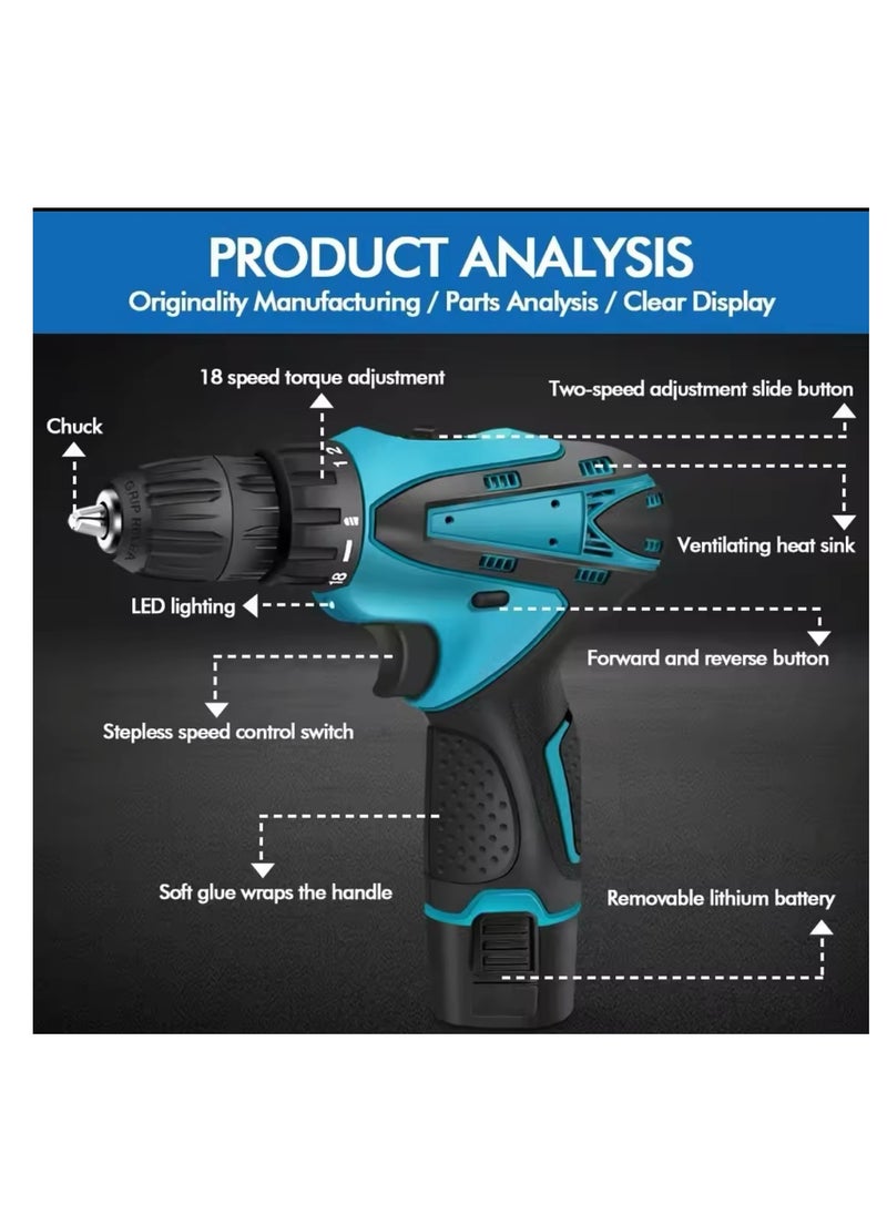 BLUE CORAL Cordless Drill Driver Set with 2 Battery and Box Lithium Screwdriver Repairing Tool Kit Brushless Motor Electric Screw Driver (Blue)  - Image 3