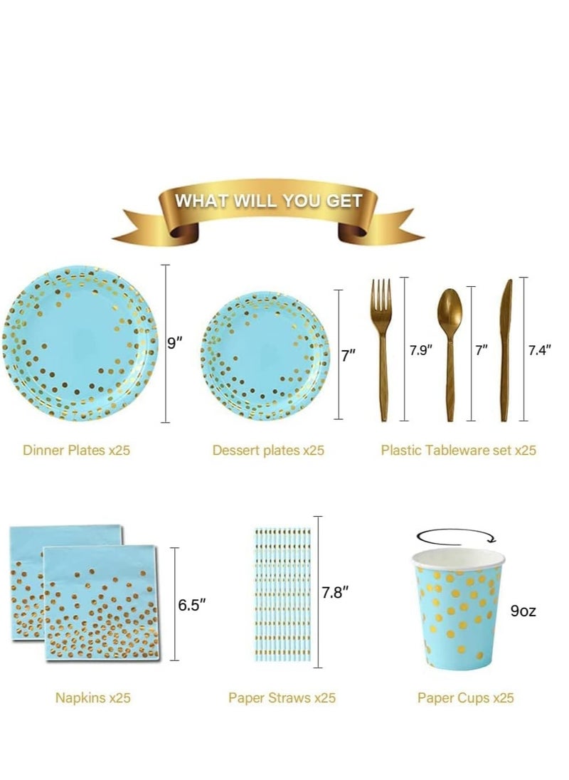 xppier 200Pcs Birthday Party Supplies Golden Dots Party Dinnerware Disposable Party Plates Napkins and Cups Sets Serves 25 Guests for Wedding Birthday Party (Blue)  - Image 2