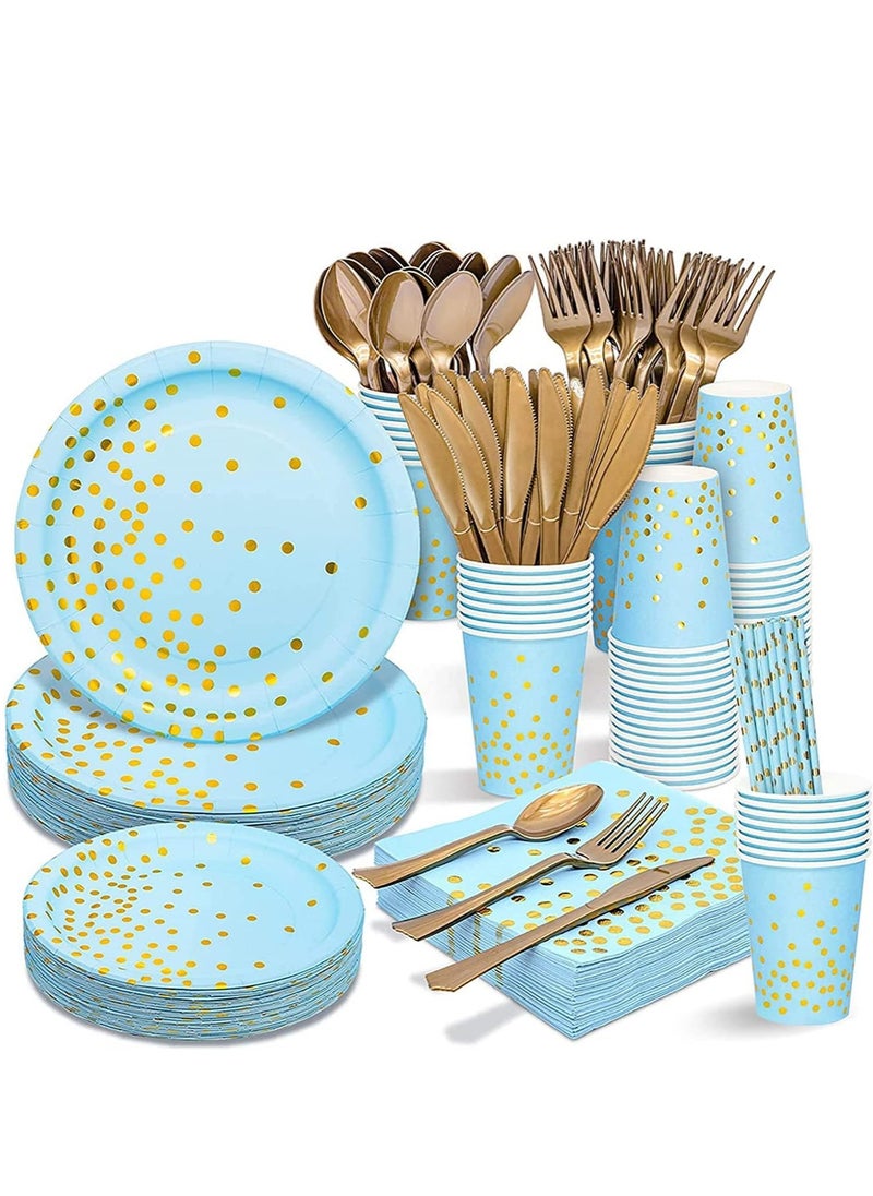 xppier 200Pcs Birthday Party Supplies Golden Dots Party Dinnerware Disposable Party Plates Napkins and Cups Sets Serves 25 Guests for Wedding Birthday Party (Blue)  - Image 1