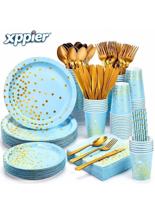 xppier 200Pcs Birthday Party Supplies Golden Dots Party Dinnerware Disposable Party Plates Napkins and Cups Sets Serves 25 Guests for Wedding Birthday Party (Blue) - Image 1