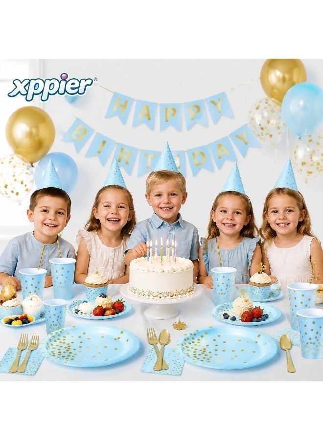 xppier 200Pcs Birthday Party Supplies Golden Dots Party Dinnerware Disposable Party Plates Napkins and Cups Sets Serves 25 Guests for Wedding Birthday Party (Blue) - Image 3