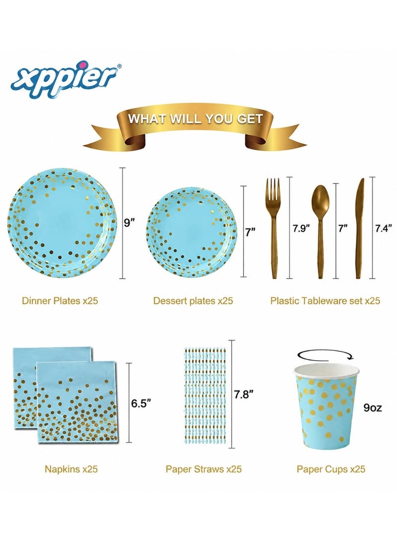 xppier 200Pcs Birthday Party Supplies Golden Dots Party Dinnerware Disposable Party Plates Napkins and Cups Sets Serves 25 Guests for Wedding Birthday Party (Blue) - Image 2