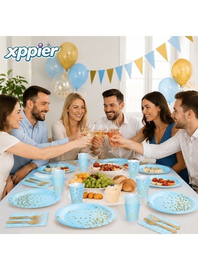 xppier 200Pcs Birthday Party Supplies Golden Dots Party Dinnerware Disposable Party Plates Napkins and Cups Sets Serves 25 Guests for Wedding Birthday Party (Blue) - Image 4
