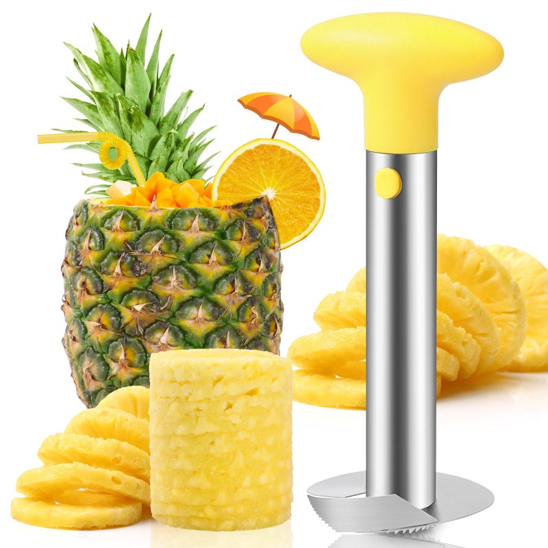 AUBENR Premium Pineapple Corer and Slicer Tool Sharp Pineapple Cutter with Serrated Tips Easy to Use and Clean Stainless Steel Core Remover for Pineapple Core Fruits with EaseYellow