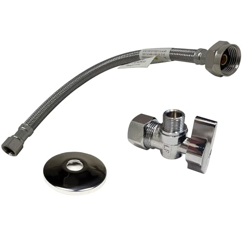Complete Toilet Set Valve 12 in NOM Inlet x 38 in OD Compression Outlet Angle Shut Off Escutcheon Plate 12 Long Stainless Steel Braided Brass Nut Water Supply Line