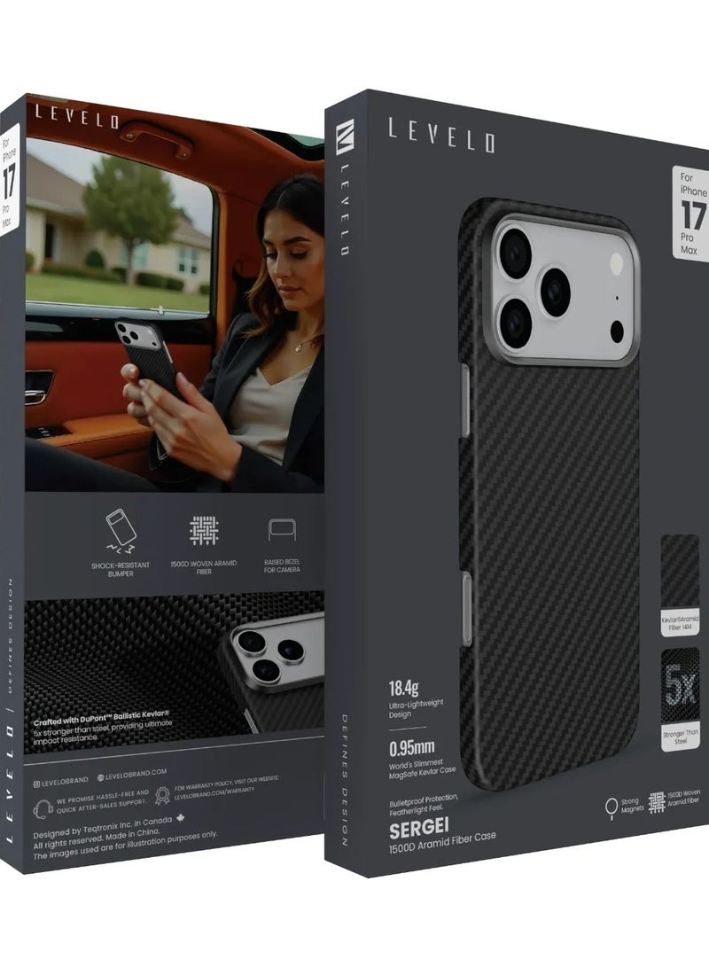 LEVELO iPhone 17 Pro Max MagSafe Case / Sergei 1500D Aramid Fiber Case / iP 17 Pro Max Back Cover - Black - Image 3