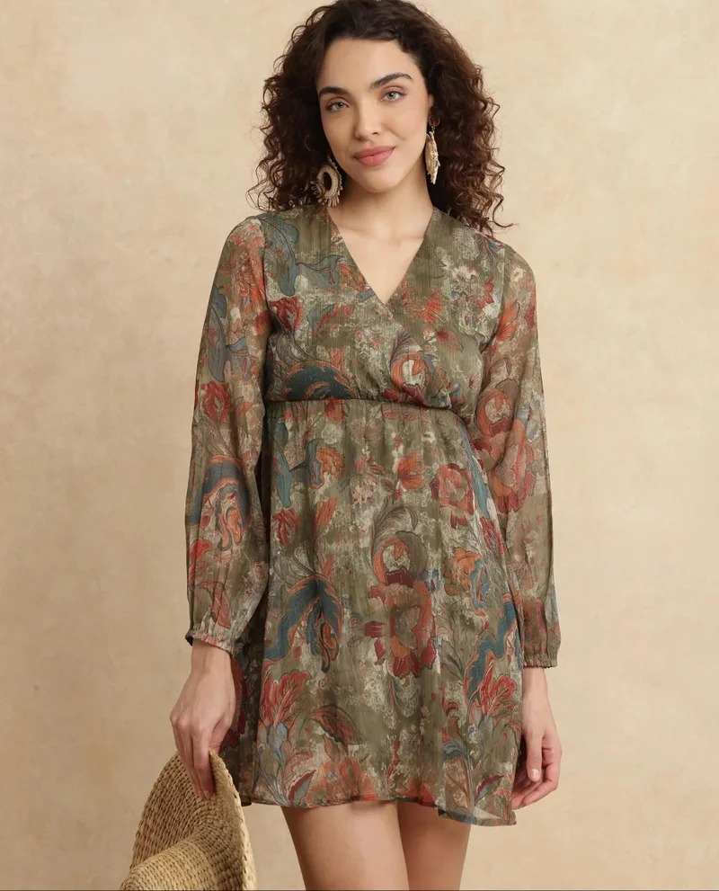 ريريزم Women's Floral Print V-Neck Mini Dress