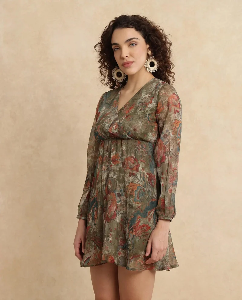 Rareism Women's Floral Print V-Neck Mini Dress
