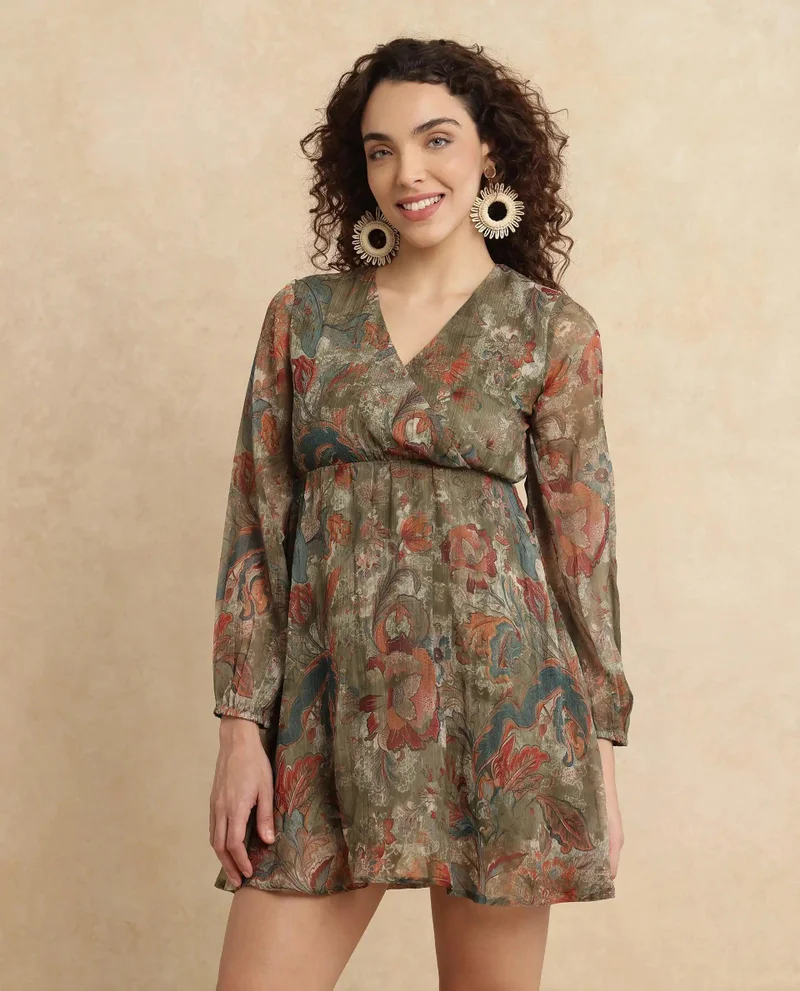 Rareism Women's Floral Print V-Neck Mini Dress
