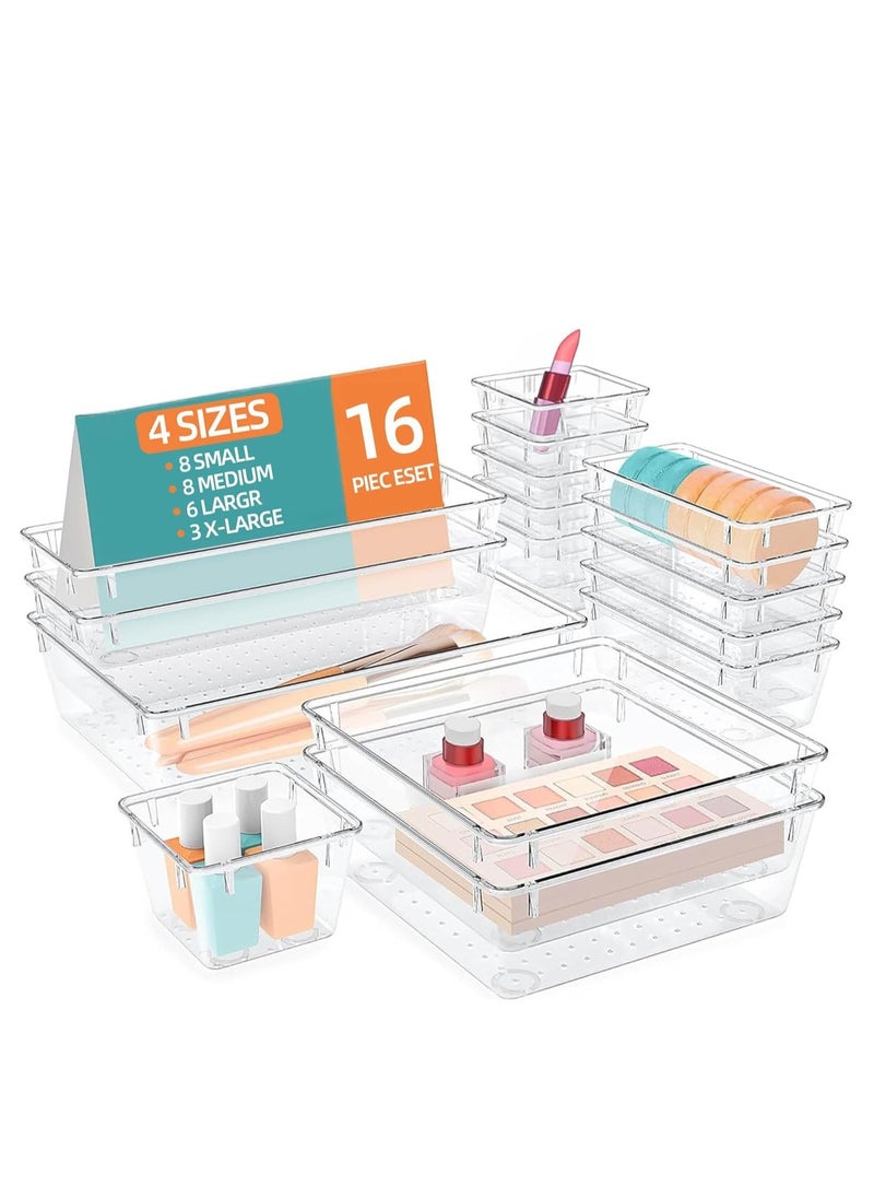 MIXDE 16PCS Clear Plastic Drawer Organizer Set 4 Sizes Desk Drawer Divider Organizers and Storage Bins for Makeup Jewelry Gadgets for Kitchen Bedroom Bathroom Office  - Image 1