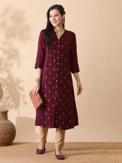 globus Women Purple Floral Printed Mandarin Collar A-Line Kurta