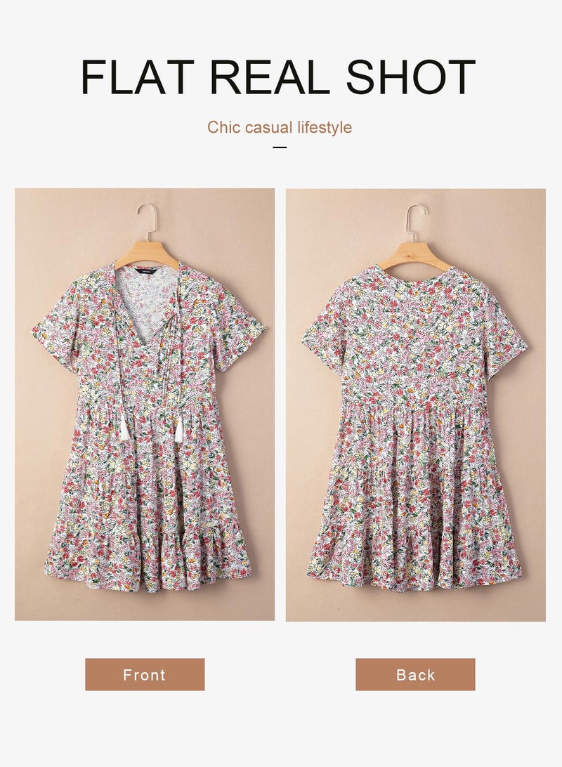 Dokotoo Casual Summer Dresses for Women 2026 Sexy V Neck Short Sleeve Mini Dress Womens Flowy Floral Printed A Line Boho Sundresses Multicoloured Large - Image 4