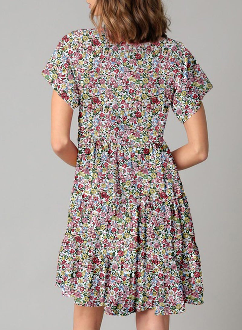 Dokotoo Casual Summer Dresses for Women 2026 Sexy V Neck Short Sleeve Mini Dress Womens Flowy Floral Printed A Line Boho Sundresses Multicoloured Large - Image 3
