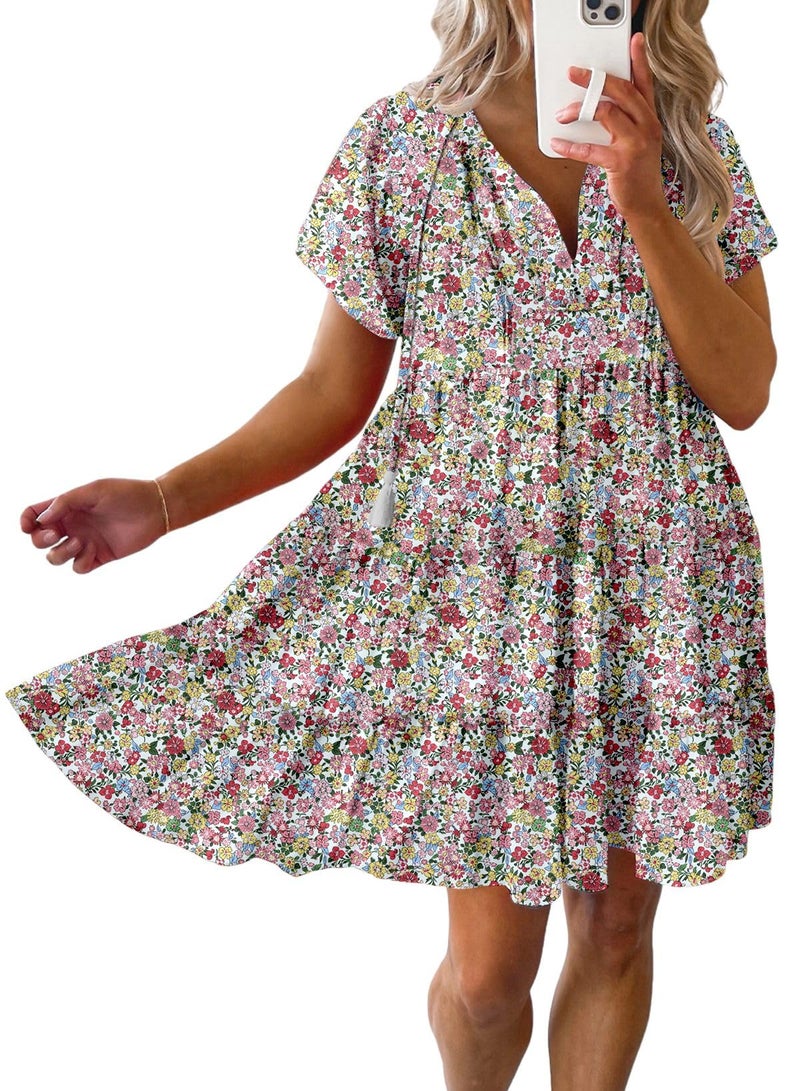Dokotoo Casual Summer Dresses for Women 2026 Sexy V Neck Short Sleeve Mini Dress Womens Flowy Floral Printed A Line Boho Sundresses Multicoloured Large - Image 1