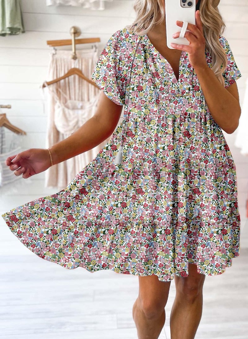 Dokotoo Casual Summer Dresses for Women 2026 Sexy V Neck Short Sleeve Mini Dress Womens Flowy Floral Printed A Line Boho Sundresses Multicoloured Large - Image 2
