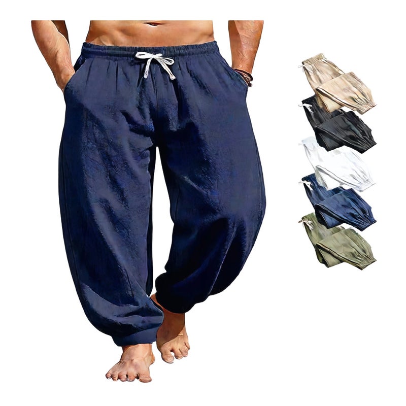 Men's Casual Straight Leg Cotton Linen Pants, Basic Fit Long Trousers - Image 1
