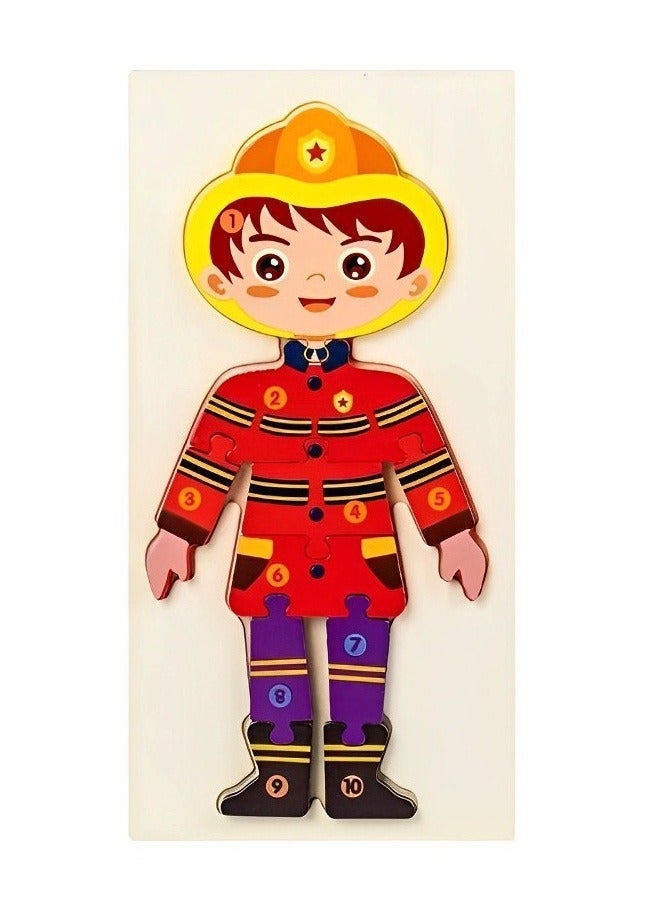 Wooden 3D Puzzles Occupational Cognition, Teacher Parents Teaching Support Tools, Attractive Colors and Patterns, Montessori Motor & Sensory Skill Development Toys, Ideal Kids Gift (Fireman Form) - Image 1