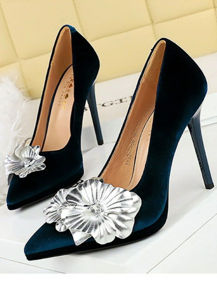 BIGTREE Women's Suede Closed Pointed Toe Stiletto Pump Floral Decoration Elegant High Heels Royal Blue 11CM - Image 1