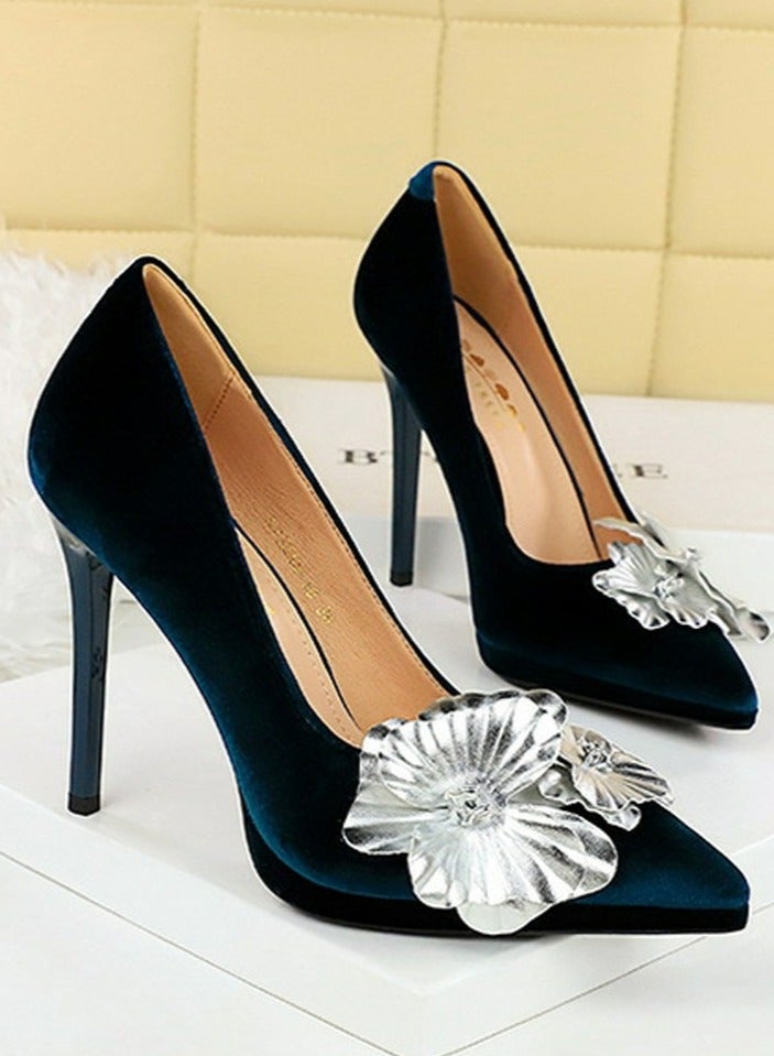 BIGTREE Women's Suede Closed Pointed Toe Stiletto Pump Floral Decoration Elegant High Heels Royal Blue 11CM - Image 2