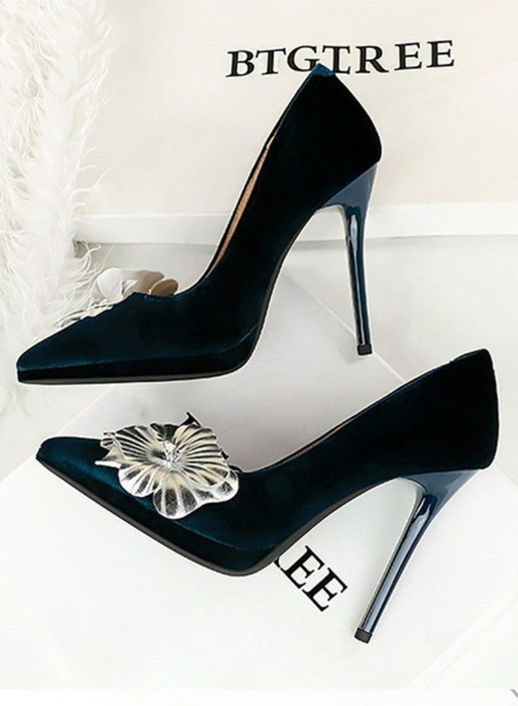 BIGTREE Women's Suede Closed Pointed Toe Stiletto Pump Floral Decoration Elegant High Heels Royal Blue 11CM - Image 3