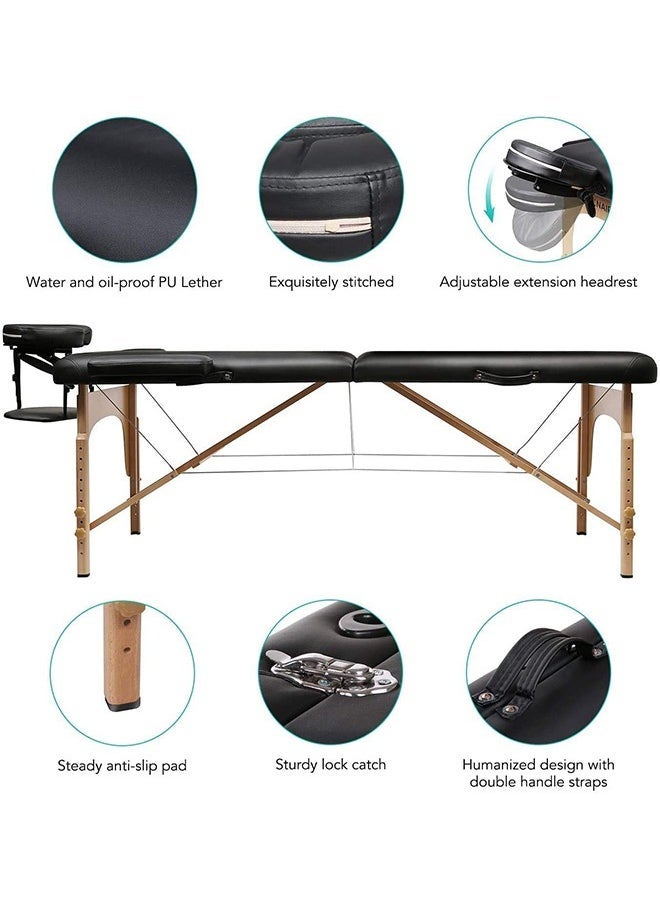 Arabest Massage Table Bed Beauty 2-Section Portable Deluxe Lightweight Professional Foldable Couch 60 cm-Wide 13KG with Dual-Layer Wooden Legs for Therapeutic Tattoo Salon SPA Facial Treatment (Black)  - Image 2