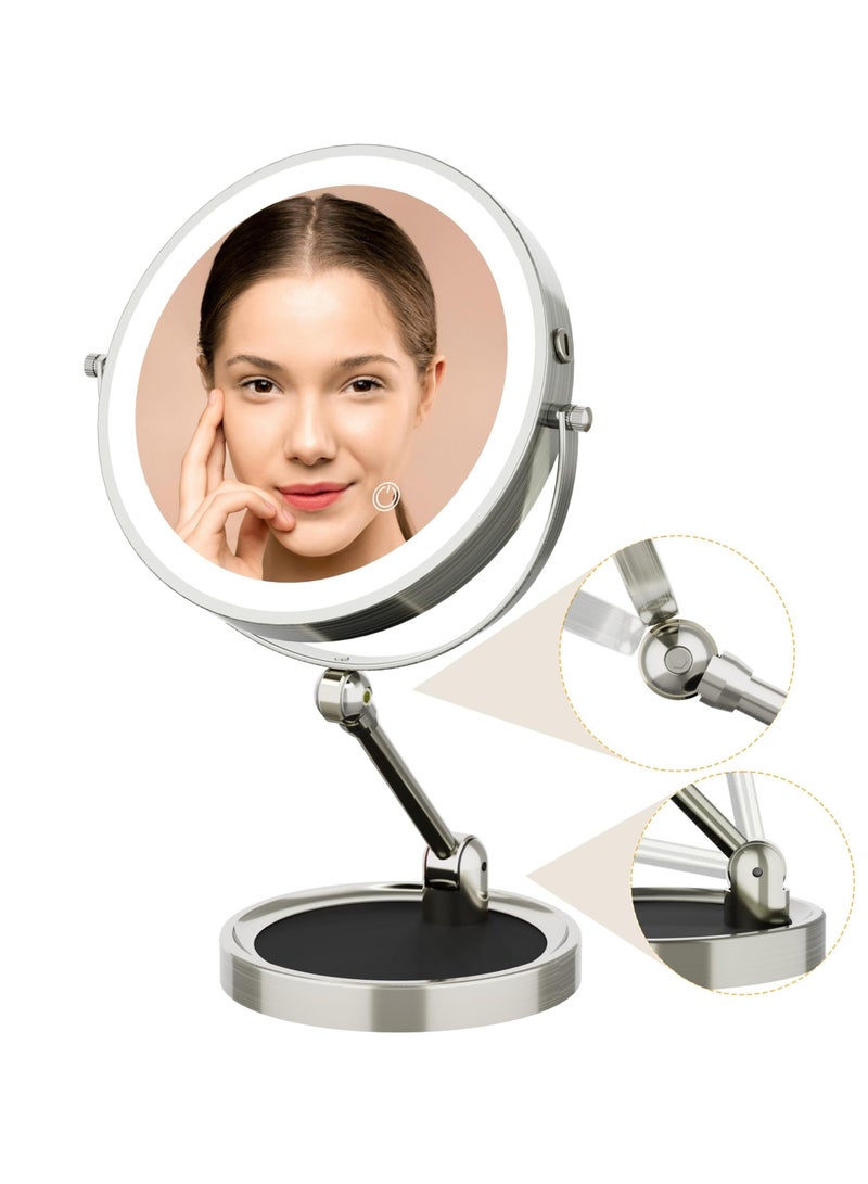 Captaintech Rechargeable Lighted Makeup Mirror, 8 Inch Height Adjustable 1X/10X Magnification, 3-Color Dimmable Lights, 360° Swivel Double-Sided Tabletop Vanity Mirror - Image 1