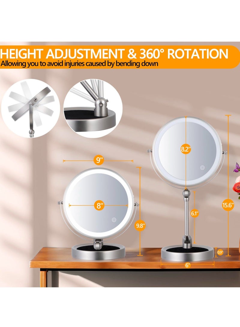 Captaintech Rechargeable Lighted Makeup Mirror, 8 Inch Height Adjustable 1X/10X Magnification, 3-Color Dimmable Lights, 360° Swivel Double-Sided Tabletop Vanity Mirror - Image 5