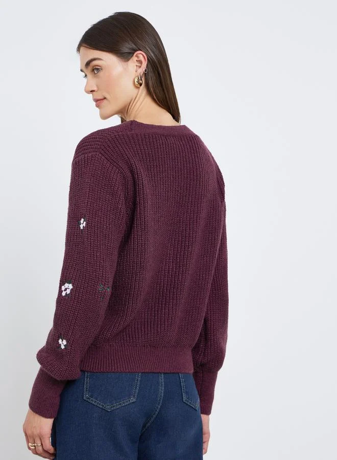 Styli Styli Burgundy Floral Embroidered Cardigan