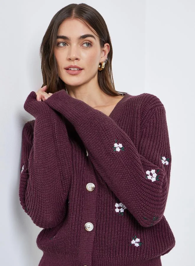 Styli Styli Burgundy Floral Embroidered Cardigan