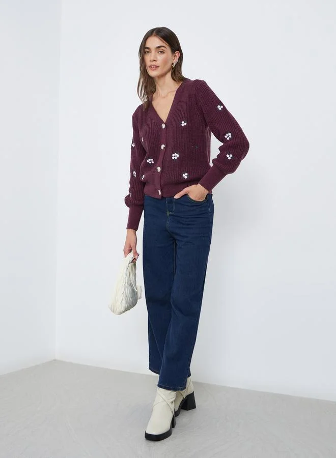 Styli  Styli Burgundy Floral Embroidered Cardigan for Women | Best Price UAE