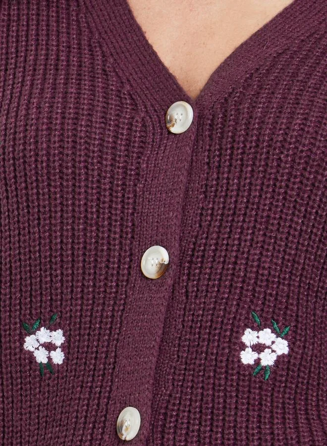 Styli  Styli Burgundy Floral Embroidered Cardigan for Women | Best Price UAE