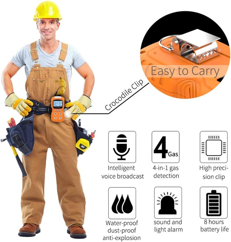 XLA Alert Portable Gas Detector, Gas Clip 4 Gas Monitor Meter Tester Analyzer, Rechargeable LCD Display Sound Light Shock Air Quality Tester, 2 Year Detector… - Image 1