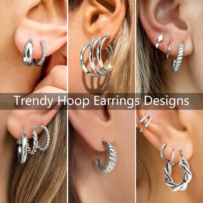 Adoyi Silver Hoop Earrings Set for Women Girls Gold Twisted Huggie Hoops Earrings 14K White Gold Plated Earrings for Women Lightweight 9 Pairs jewelry for women Girl Gift - Image 4