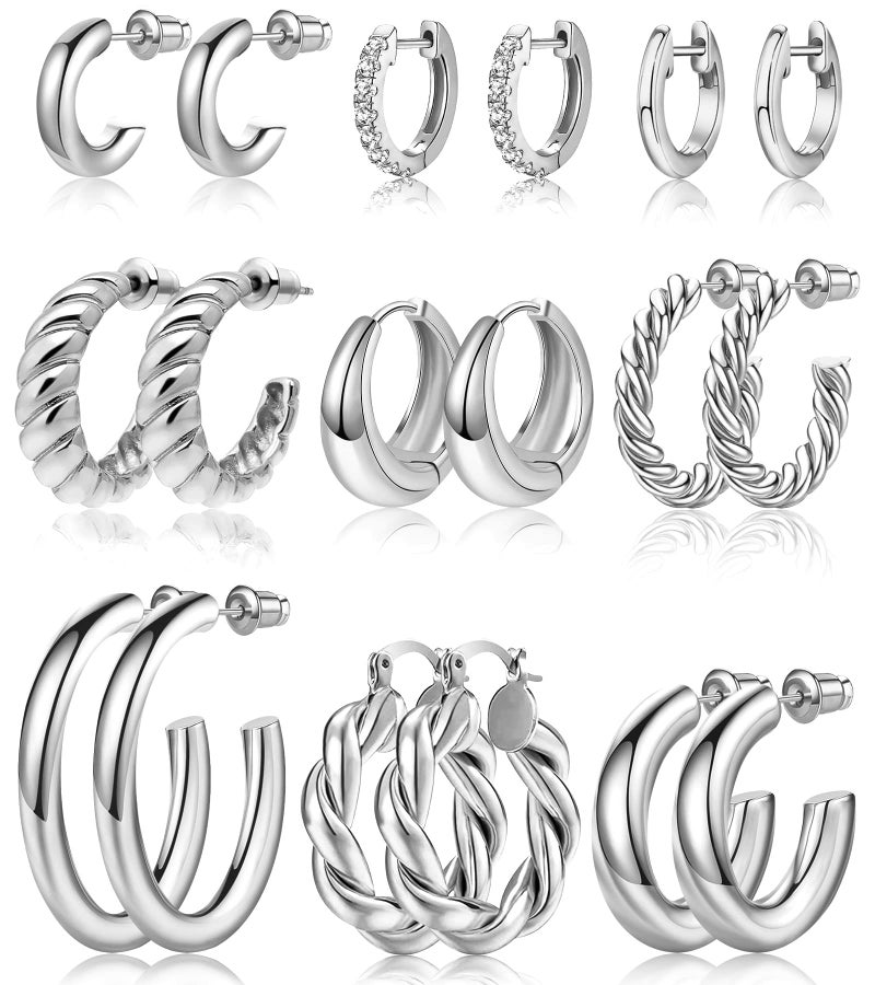 Adoyi Silver Hoop Earrings Set for Women Girls Gold Twisted Huggie Hoops Earrings 14K White Gold Plated Earrings for Women Lightweight 9 Pairs jewelry for women Girl Gift - Image 1