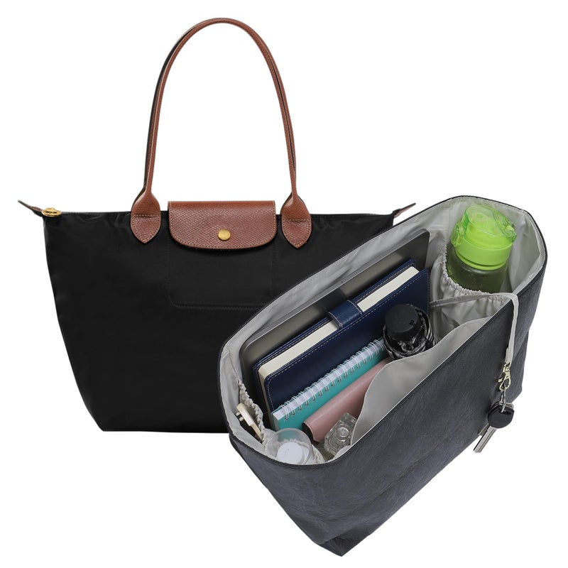 Doxo Purse Organizer Insert for Longchamp Le Pliage Large 6Compartment Bag Organizer with YKK Zipper Pocket Cup Holder Key Chain Waterproof DupontPaper Lightweight Handbag Shaper Black BeigeL - Image 2