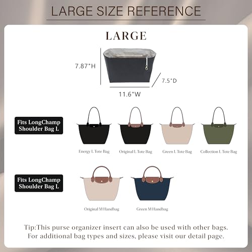 Doxo Purse Organizer Insert for Longchamp Le Pliage Large 6Compartment Bag Organizer with YKK Zipper Pocket Cup Holder Key Chain Waterproof DupontPaper Lightweight Handbag Shaper Black BeigeL - Image 3