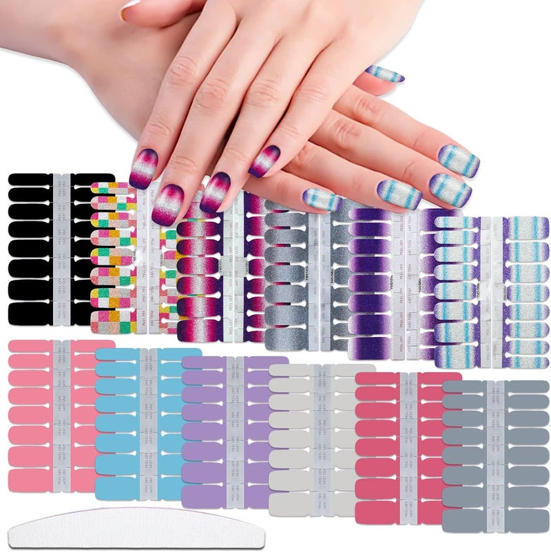 WOKOTO 12 Sheets Nail Art Polish Stickers with 1pc Nail File Solid Gradient Nail Stickers Full Nail Wraps Decals Strips Set Manicure Accessories Stickers for Nails Gel Nail Strips Gel Nail Wraps