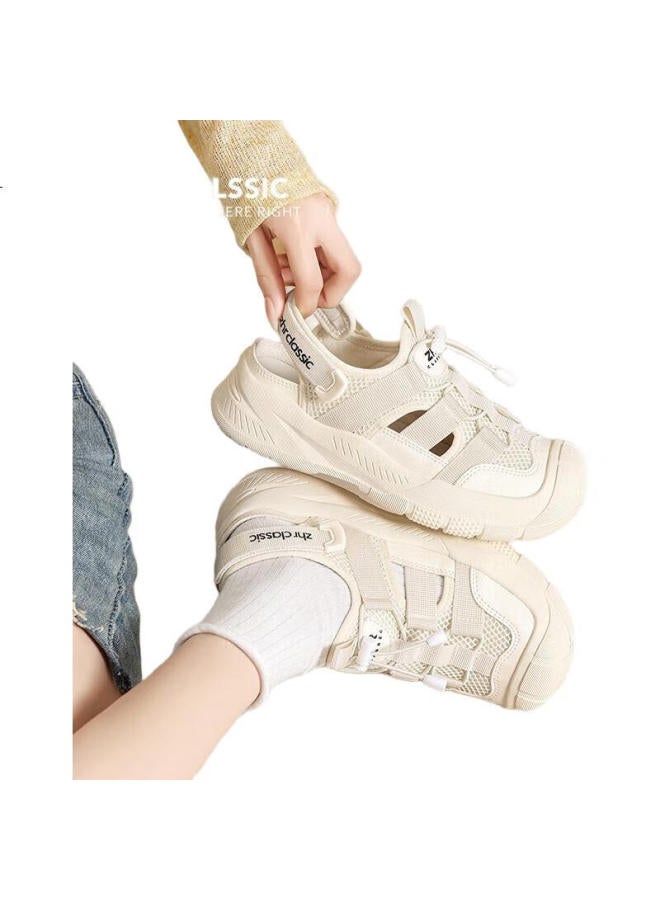 ZHR Summer Women'S Outdoor Hollow Breathable Hiking Shoes Women'S Sports Thick-Soled Casual Shoes Ks102 Beige Size 36 - Image 1