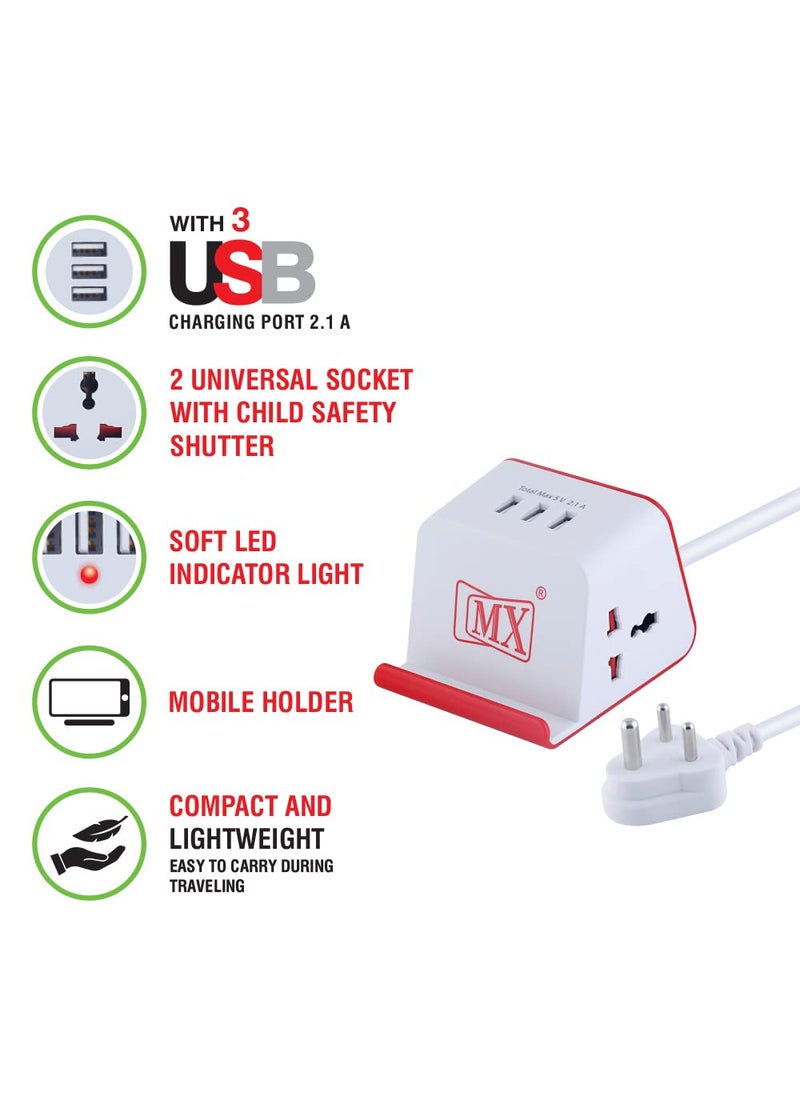 MX MX Cube Extension BoardExtension Cord with 2 Universal Socket 3 USB 34 Amp Spike Protector Safety Shutter 3 MTR Extension Cord 3mtr White2 Sockets 3 USB34 Amp  - Image 5