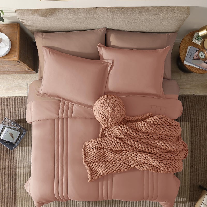 Monbix King Size Comforter Set - 7 Pieces Bed in a Bag King, Clay Pink Bedding Sets with Comforter, All Seasons Comforter Bed Set with Sheets, Pillowcases & Shams - Image 2