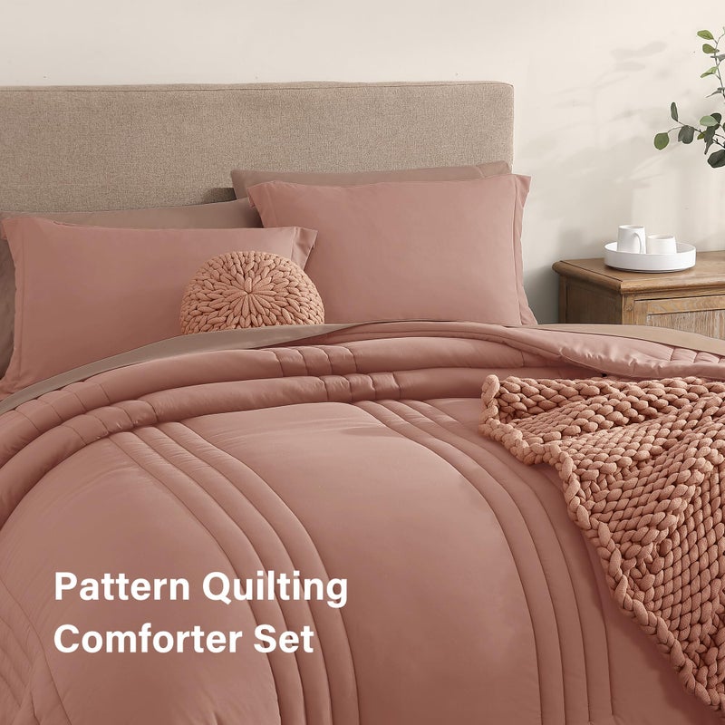 Monbix King Size Comforter Set - 7 Pieces Bed in a Bag King, Clay Pink Bedding Sets with Comforter, All Seasons Comforter Bed Set with Sheets, Pillowcases & Shams - Image 3