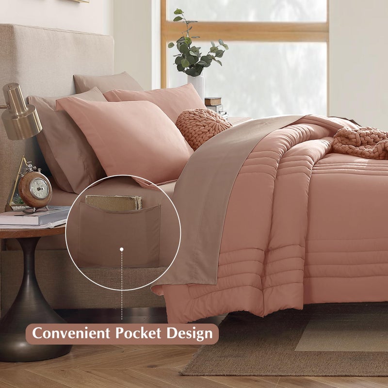 Monbix King Size Comforter Set - 7 Pieces Bed in a Bag King, Clay Pink Bedding Sets with Comforter, All Seasons Comforter Bed Set with Sheets, Pillowcases & Shams - Image 4
