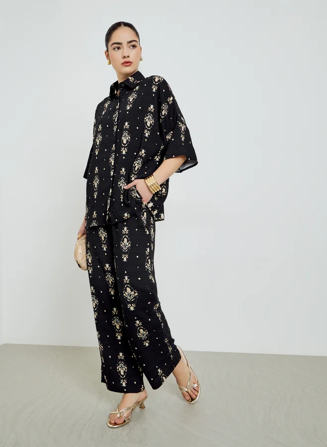 Styli  Black Printed Shirt and Pants Co-Ords for Women | Best Price UAE