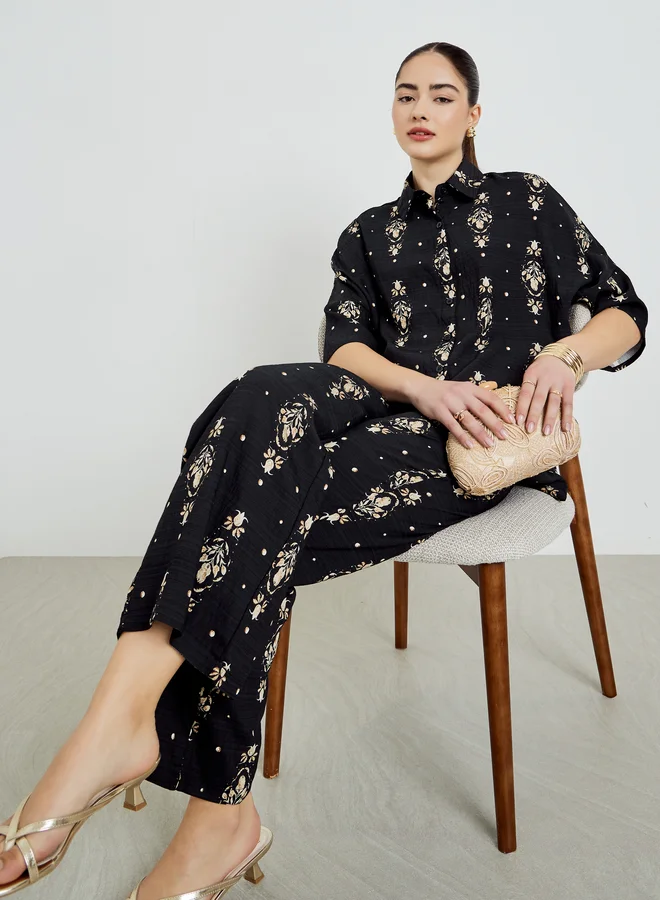 Black Printed Shirt and Pants Co-Ords