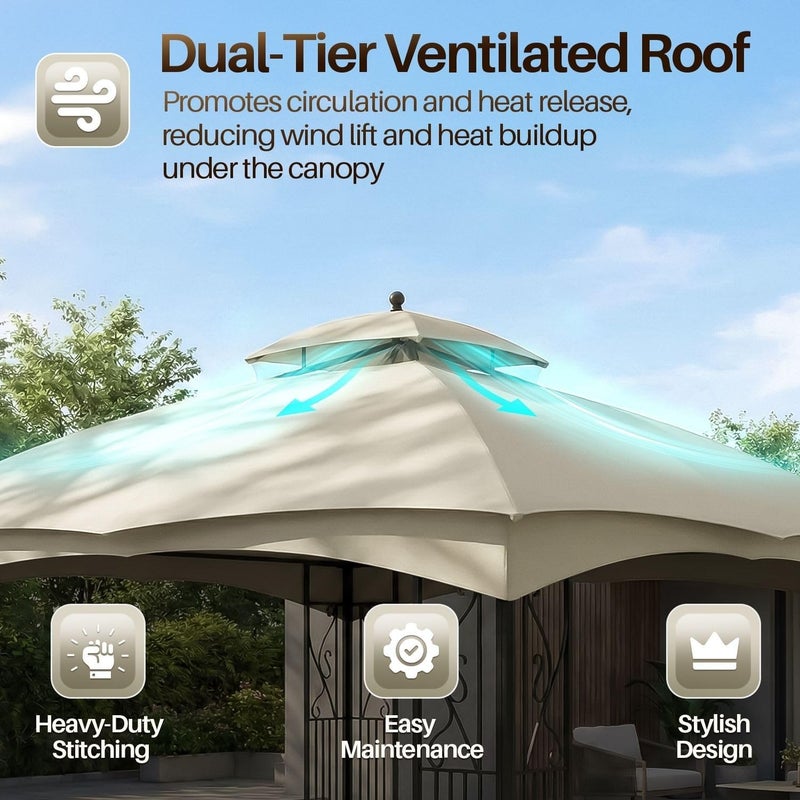 Flexzion 8'x8' Gazebo Top Canopy Replacement Cover (Ivory) - Dual Tier with Plain Edge Polyester UV30 Protection Water Resistant for Outdoor Garden Patio Lawn Sun Shade - Image 5