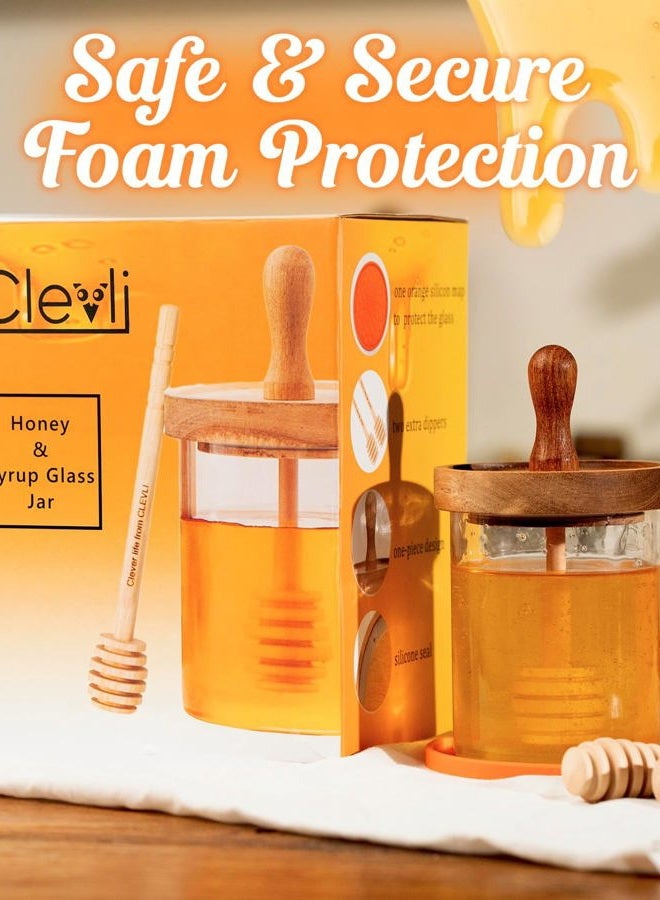Clevli 12 oz Honey Jar Set with Airtight Wooden Lid, 2 Extra Dippers, Silicone Mat & Custom Gift Box | Glass Container Honey Pot for Honey & Syrup | Durable & Stylish Kitchenware - Image 5