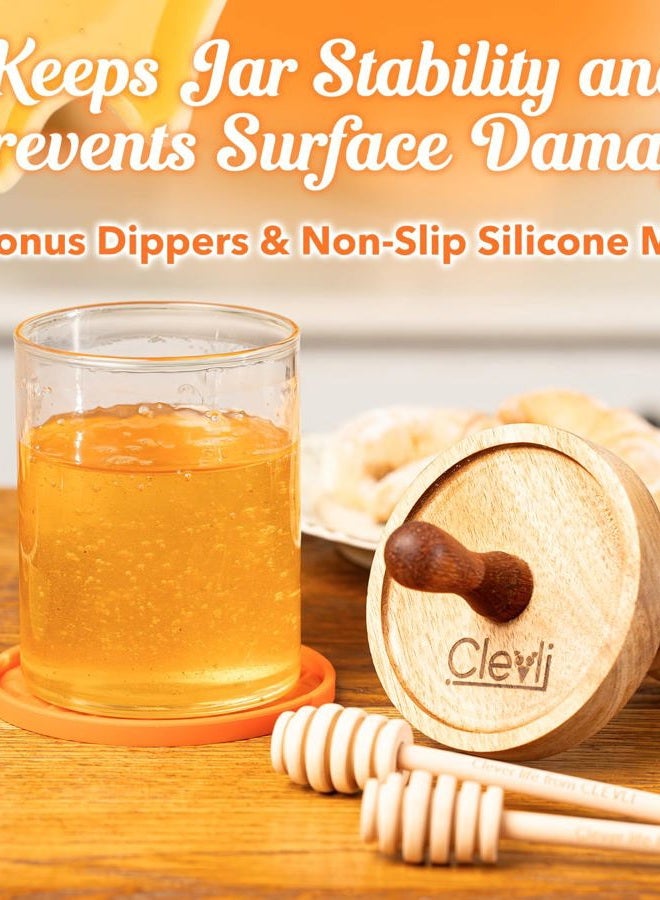 Clevli 12 oz Honey Jar Set with Airtight Wooden Lid, 2 Extra Dippers, Silicone Mat & Custom Gift Box | Glass Container Honey Pot for Honey & Syrup | Durable & Stylish Kitchenware - Image 2