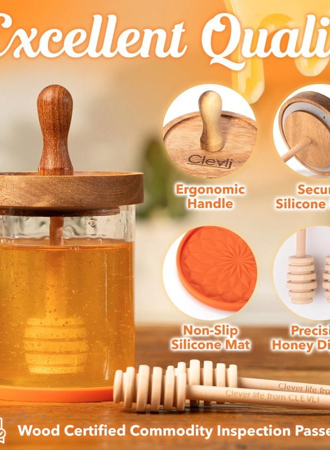 Clevli 12 oz Honey Jar Set with Airtight Wooden Lid, 2 Extra Dippers, Silicone Mat & Custom Gift Box | Glass Container Honey Pot for Honey & Syrup | Durable & Stylish Kitchenware - Image 3