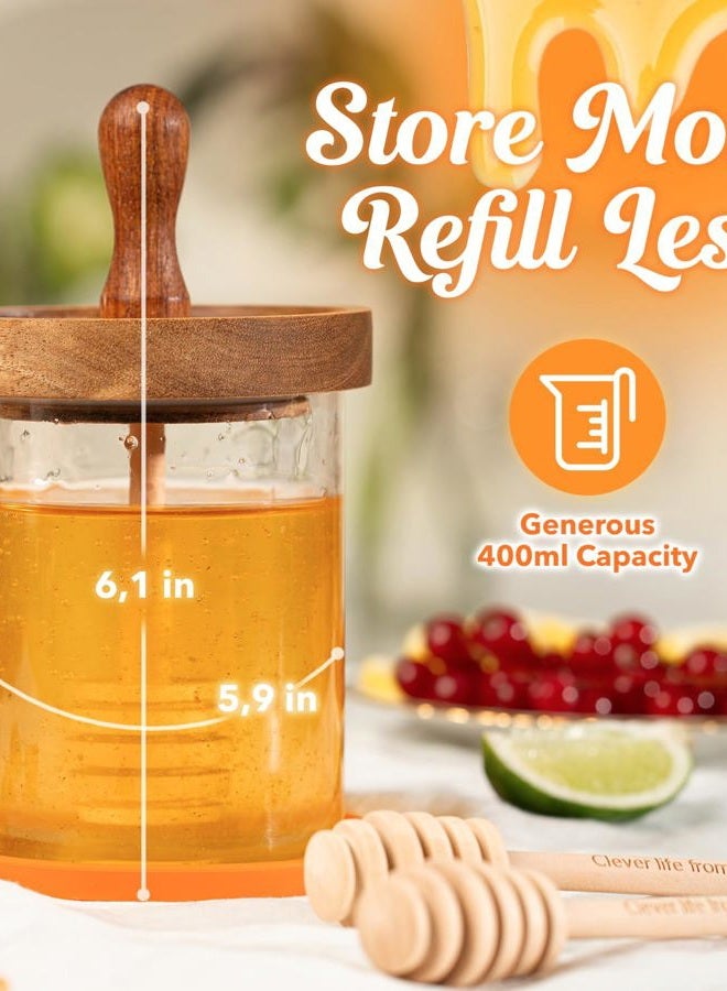 Clevli 12 oz Honey Jar Set with Airtight Wooden Lid, 2 Extra Dippers, Silicone Mat & Custom Gift Box | Glass Container Honey Pot for Honey & Syrup | Durable & Stylish Kitchenware - Image 4